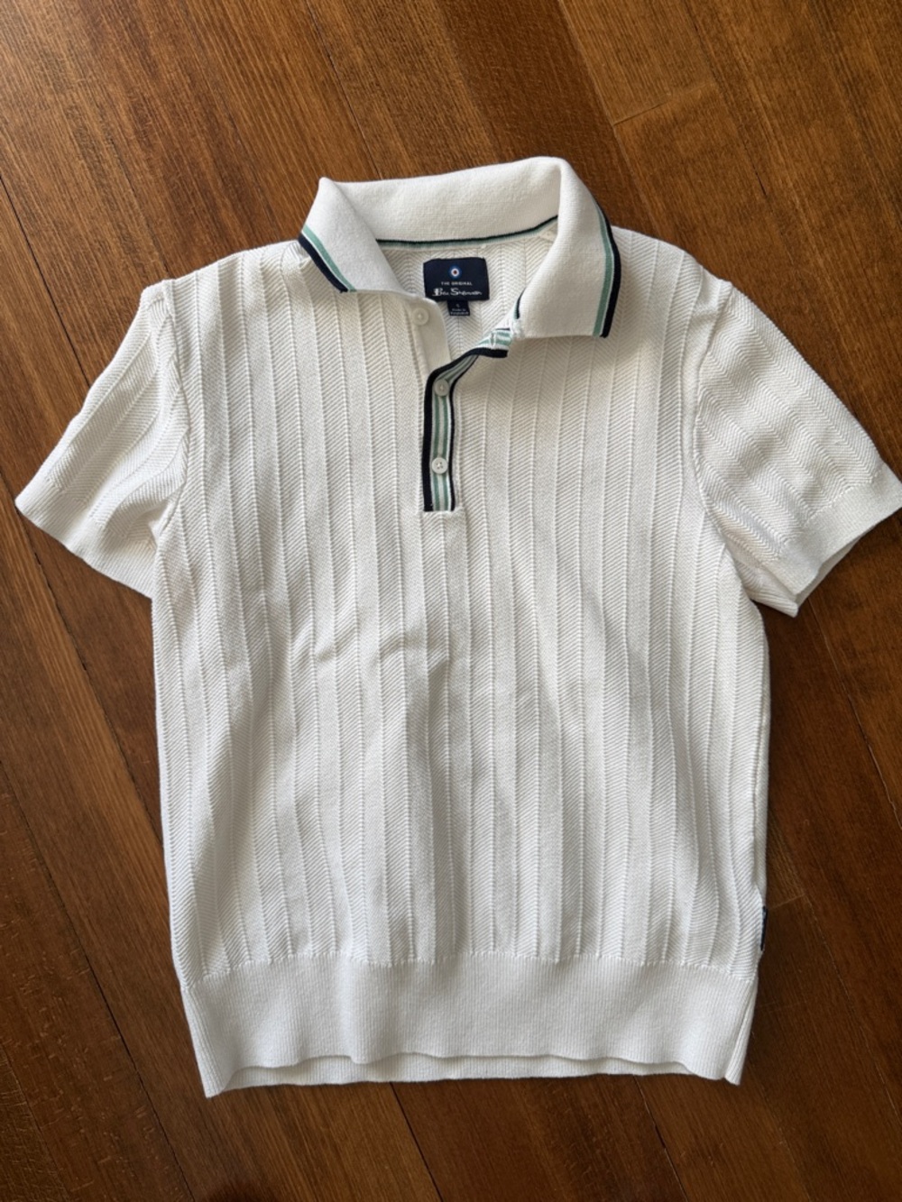 Ben Sherman White Knit Polo with Green & Navy Trim sz small